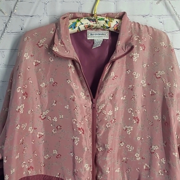 Vintage 90s Silk Exchange 100% Silk Floral Blush Pink Full Zip Jacket Womens  XL - Picture 10 of 17